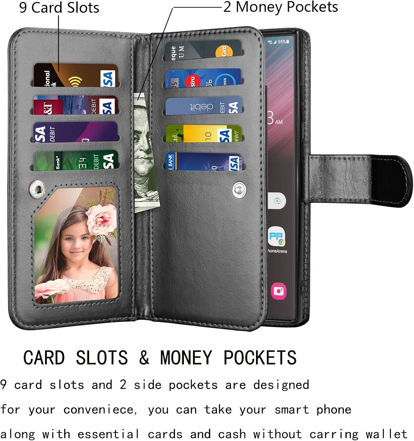 Njjex Galaxy S23 Case, for Samsung Galaxy S23 Wallet Case, [9 Card Slots] PU Leather ID Credit Holder Folio Flip [Detachable] Kickstand Magnetic Phone Cover & Lanyard for Samsung S23 [Black] - Image 2