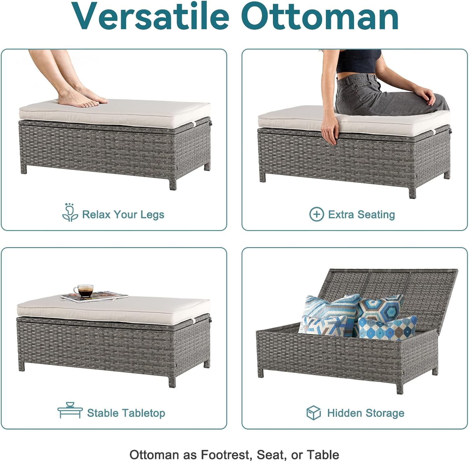 OC Orange-Casual 2-Piece Outdoor Patio Furniture Wicker Love-seat and Coffee Table Set, with Built-in Storage Bin, Grey Rattan, Beige Cushions