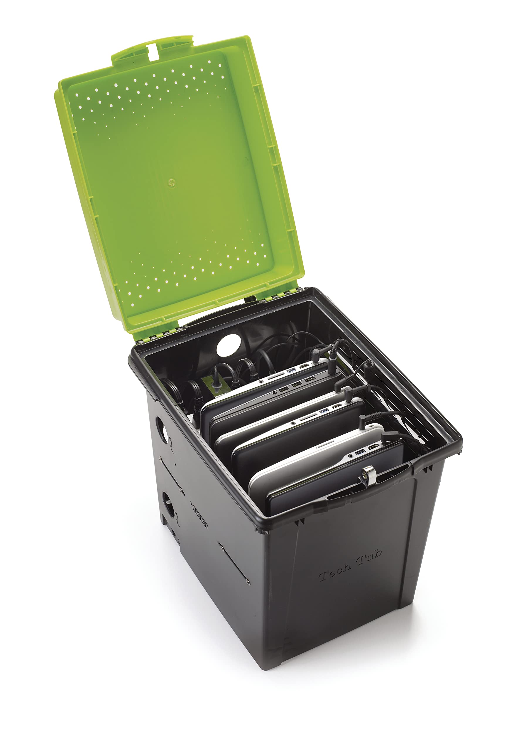 Copernicus Premium Tech Tub 6-Device Lockable Classroom Charging Station Box for iPads, Chromebooks, or Tablets, Green/Black