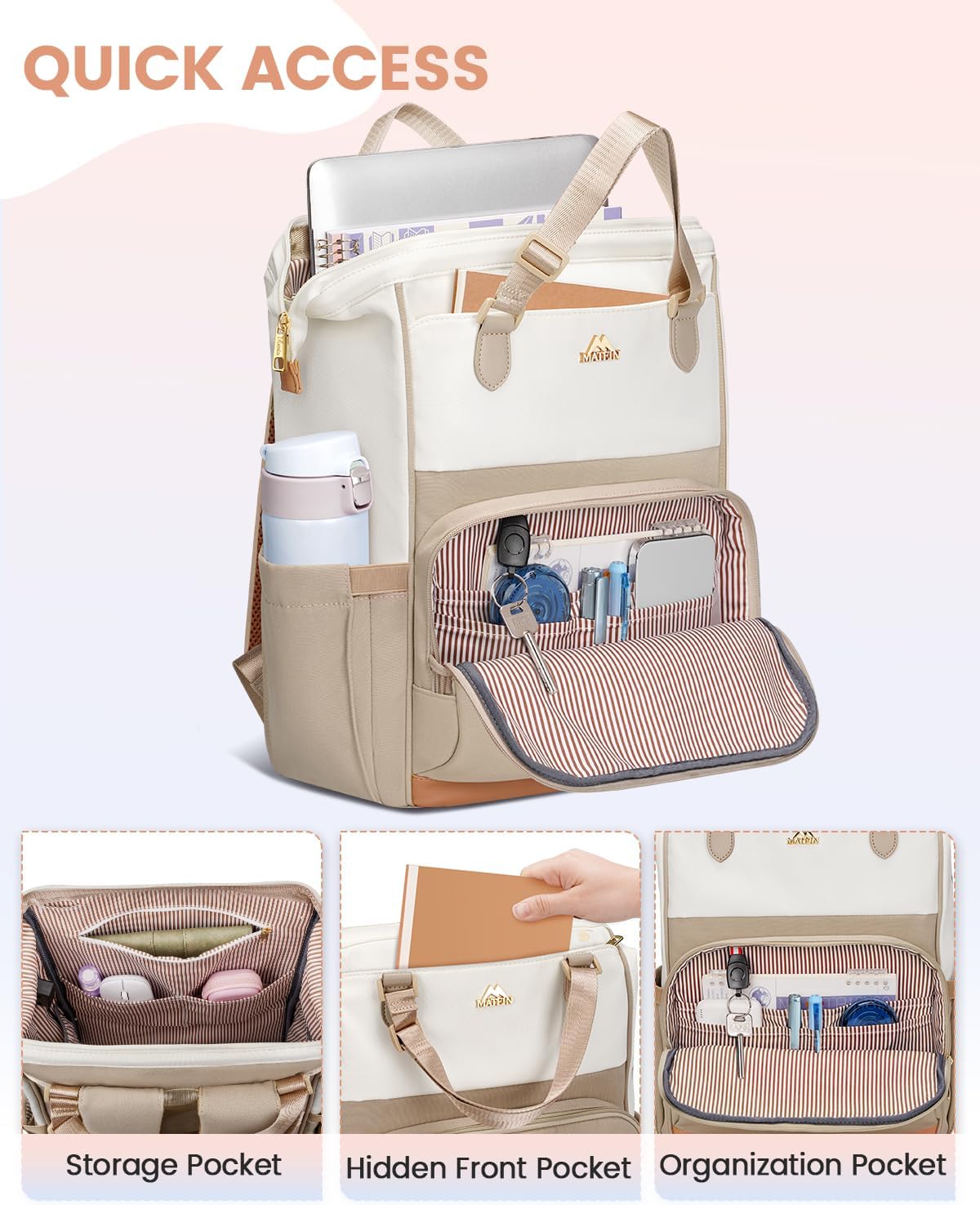 MATEIN Anti Theft Backpack for Women, 15.6 Inch Laptop Backpack with Theftproof Zippers & RFID Pocket, Water Resistant Work Computer Bag with USB Charging Port for Commute Travel, Beige Khaki - Image 5