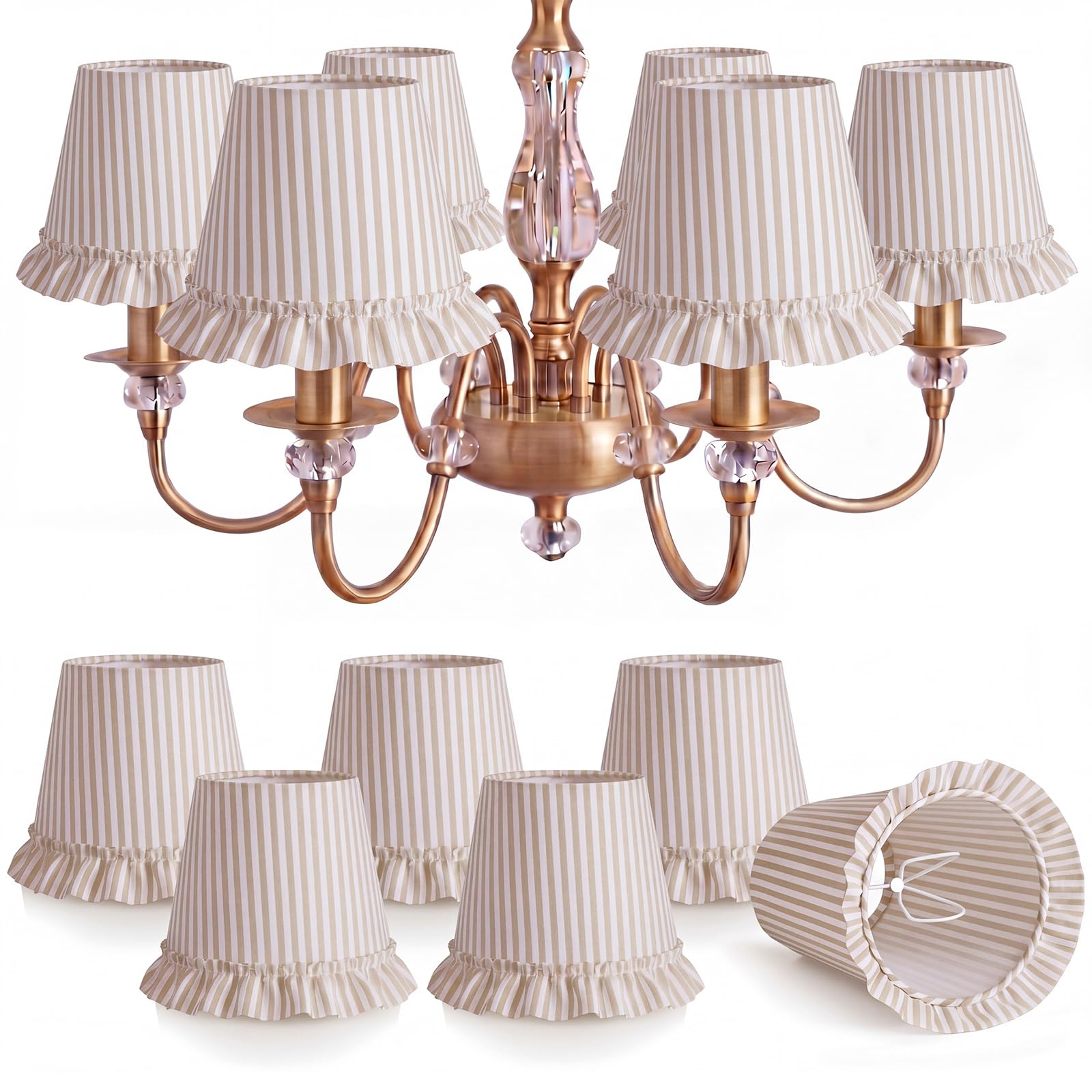 Gerrii 6 Pcs Striped Ruffled Chandelier Lampshade Lamp Shade with Ruffle Trim 3.9" Top x 6.3" Bottom x 5.1" Slant Height Farmhouse Home Decor Clip on Lamp Shades for Table Bedroom Gift(Brown)