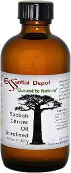 Essential Depot Baobab Unrefined Carrier Oil Non GMO - Vegan - GC/MS Tested - Supplied in 4 oz. Amber Glass Bottle with Black Phenolic Cone Lined and Safety Sealed Cap