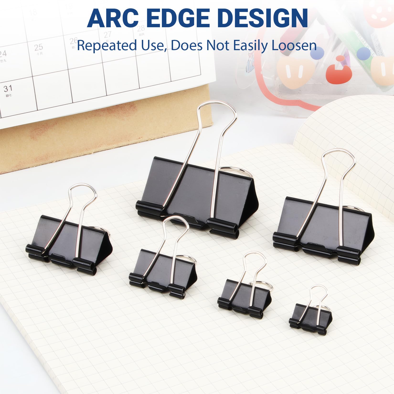 208 clip per raccoglitori di dimensioni assortite, 1,5 - 5,1 cm, morsetti per carta in metallo nero, mini/piccoli/medi/grandi, 6 misure in 6 scatole, clip per ufficio per casa/scuola