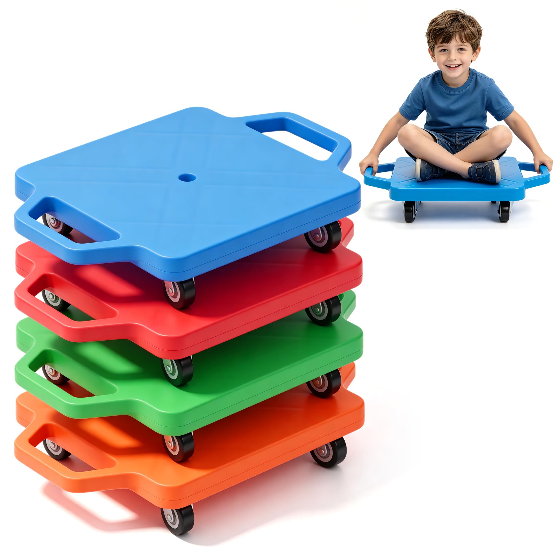 4 Pack Kids Sitting Scooter Boards with Handles, 360° Swivel Wheels, Colorful Floor Surfer, Sit Skate Scooter for Gym Class Home Use, Kids Indoor Outdoor Play Equipment, Ages 3+