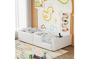 Merax Floor Twin Bed with Guardrails and Charging Station