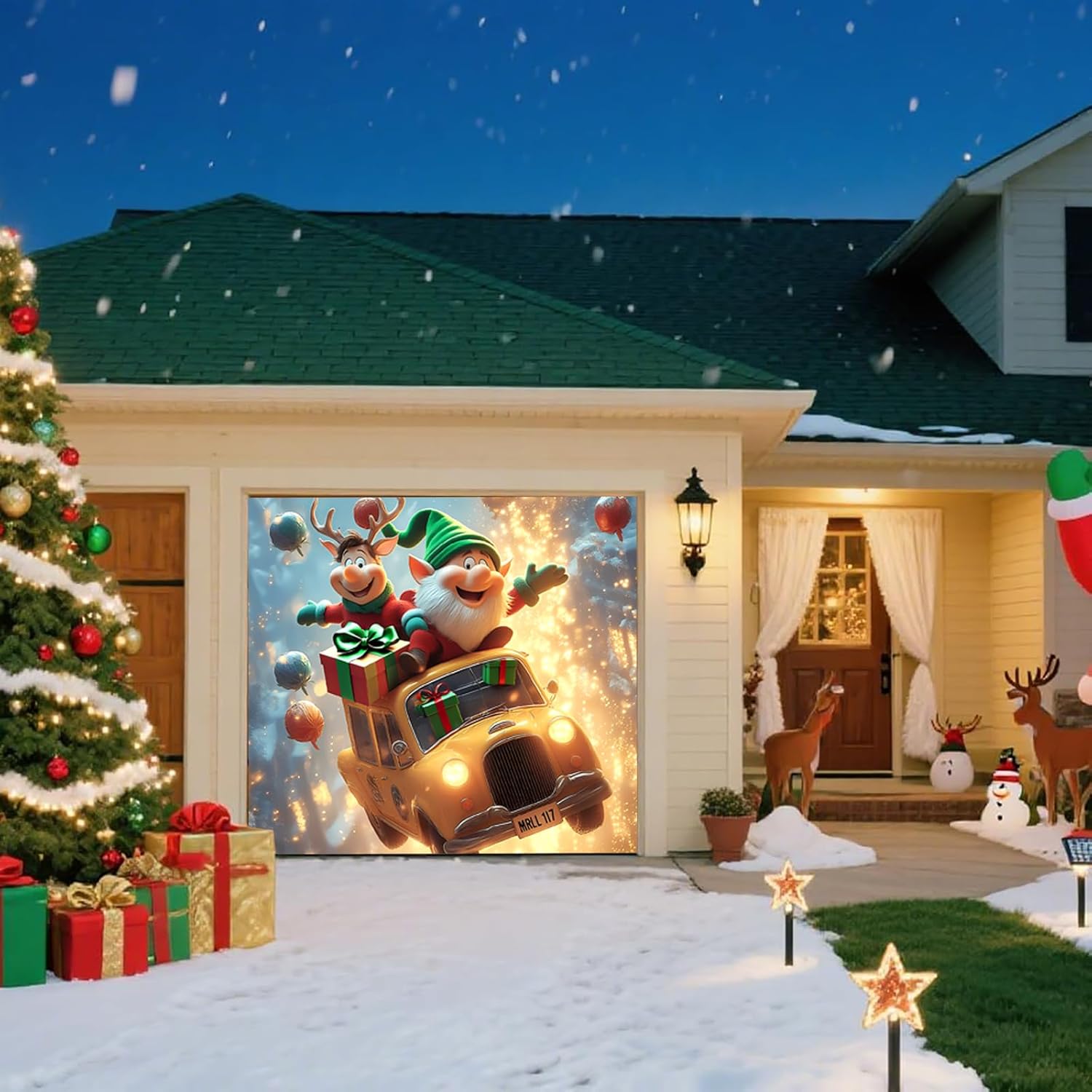 Christmas Garage Door Banner – Flying Elf & Reindeer in Festive Taxi with Gifts, UV Light-Responsive Yellow Glow, Large Outdoor Holiday Mural for Porch & Living Room,8 x 7ft/2.4 x 2.1m