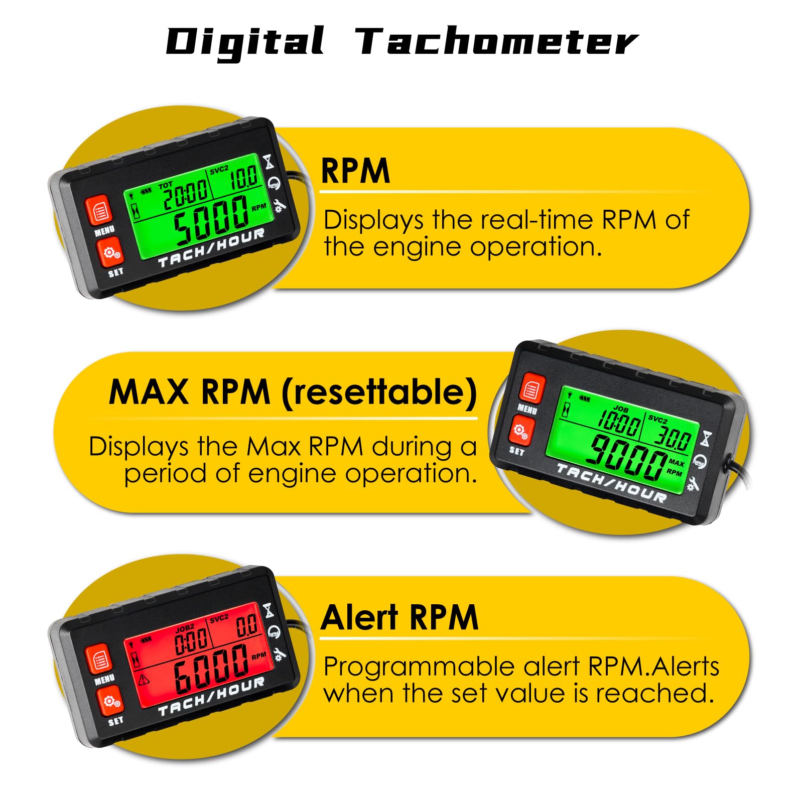 Tacómetro digital contador de horas impermeable con pinza de cocodrilo y batería reemplazable