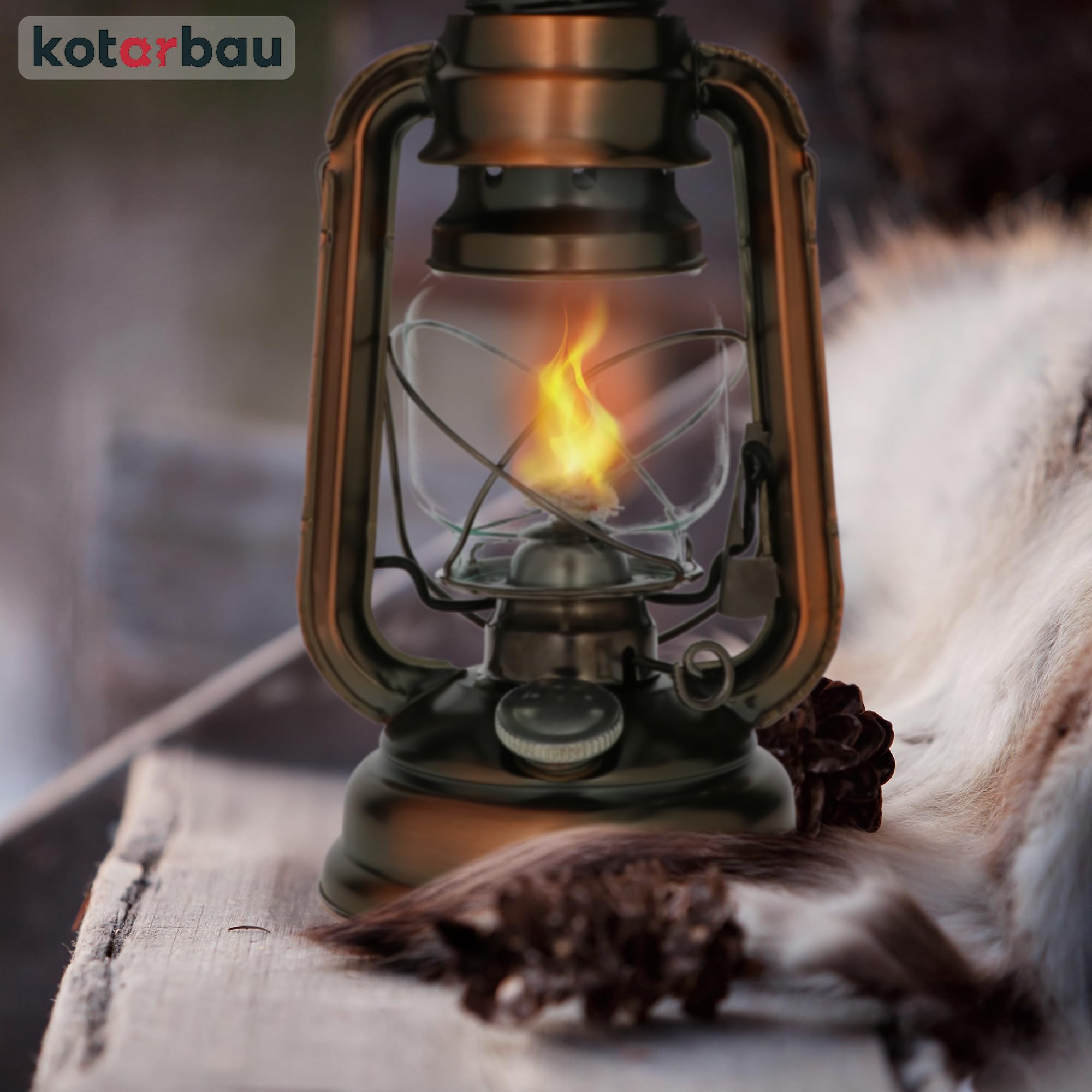 KOTARBAU Lampe à huile avec support pour mèche de pétrole rechargeable avec mais lampe tempête et lampe de table en bronze