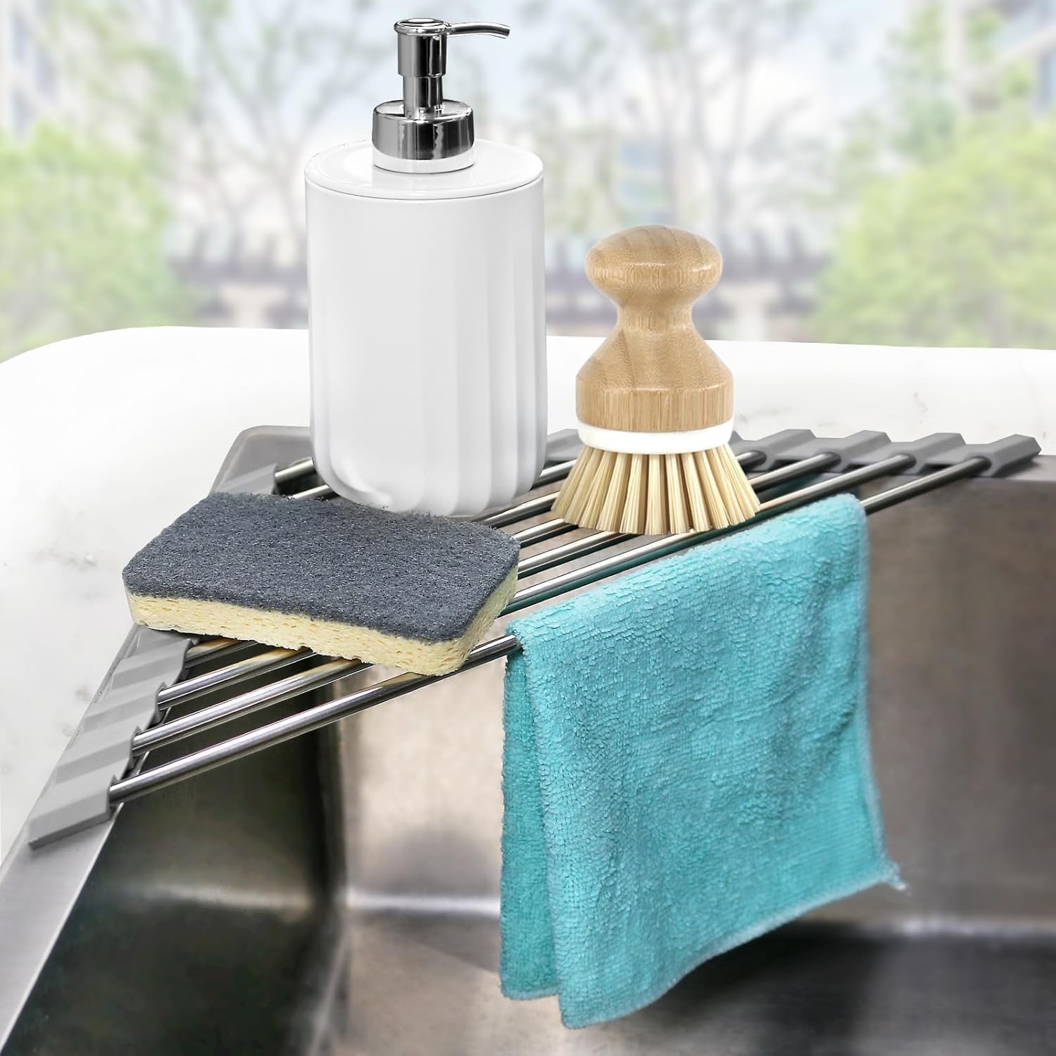 Corner Sink Caddy Triangle Dish Drying Rack for Sink Corner Sponge Holder Roll Up Dish Drying Rack Over