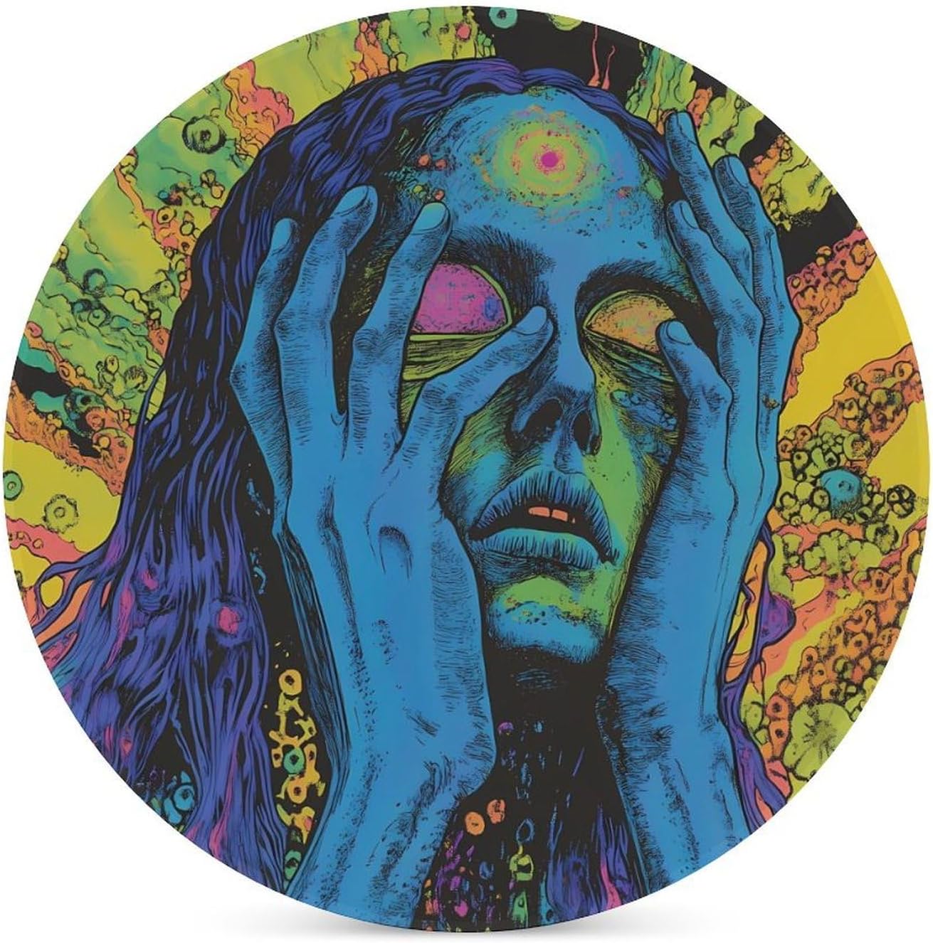 Stream Glitchy Trippy Psychedelic Music Round Ceramic Coasters Print Drinks Absorbent with Cork Base for Home Decor Gifts 4 Inch