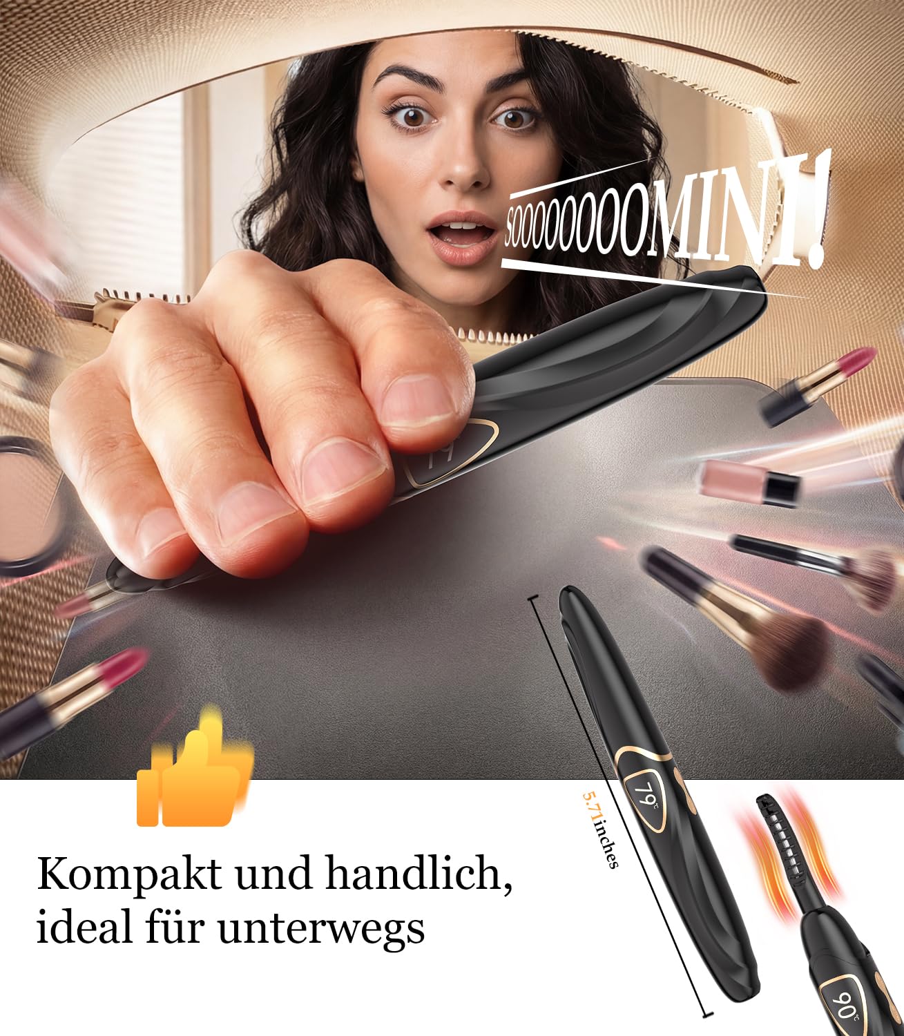 2-IN-1 Wimpernzange Beheizbar mit LCD Temperaturanzeige 60–90°C【30h Schwung Wie Frisch Gestylt】【Sofortiges Styling Ohne Hitzegefühl】Wimpern Curler für sicheres Styling zu Hause, im Büro und auf Reisen