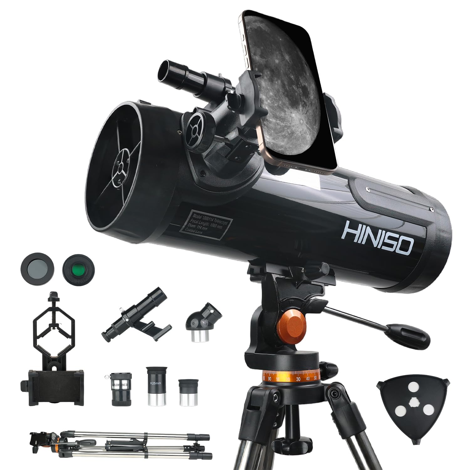 HINISO 114AZ Astronomical Telescope for Adults, Beginners & Students | 114mm Reflector with 1000mm Focal Length | BT Remote, Phone Adapter & Tripod | 40x–200x Magnification | Moon & Planet Viewing