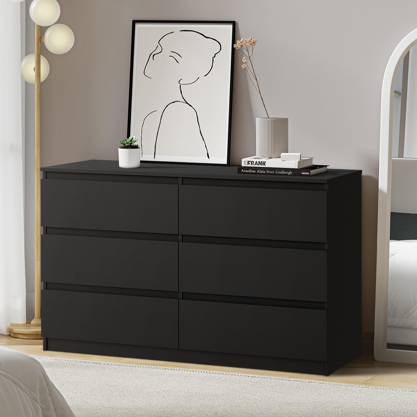 Oikiture Chest of Drawers with 6 Drawers Bedroom Dresser Black - Black
