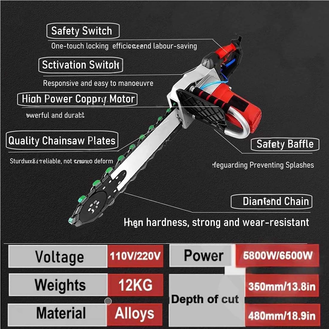 Motosierra Eléctrica para Muros,Profundidad Corte 35/48 Cm,Equipo Industrial para Cortar Hormigón con Bomba Agua,2 Cadenas/2 Barras Guía para Granito,Hormigón Y Piedra,CuttingDepth35cm