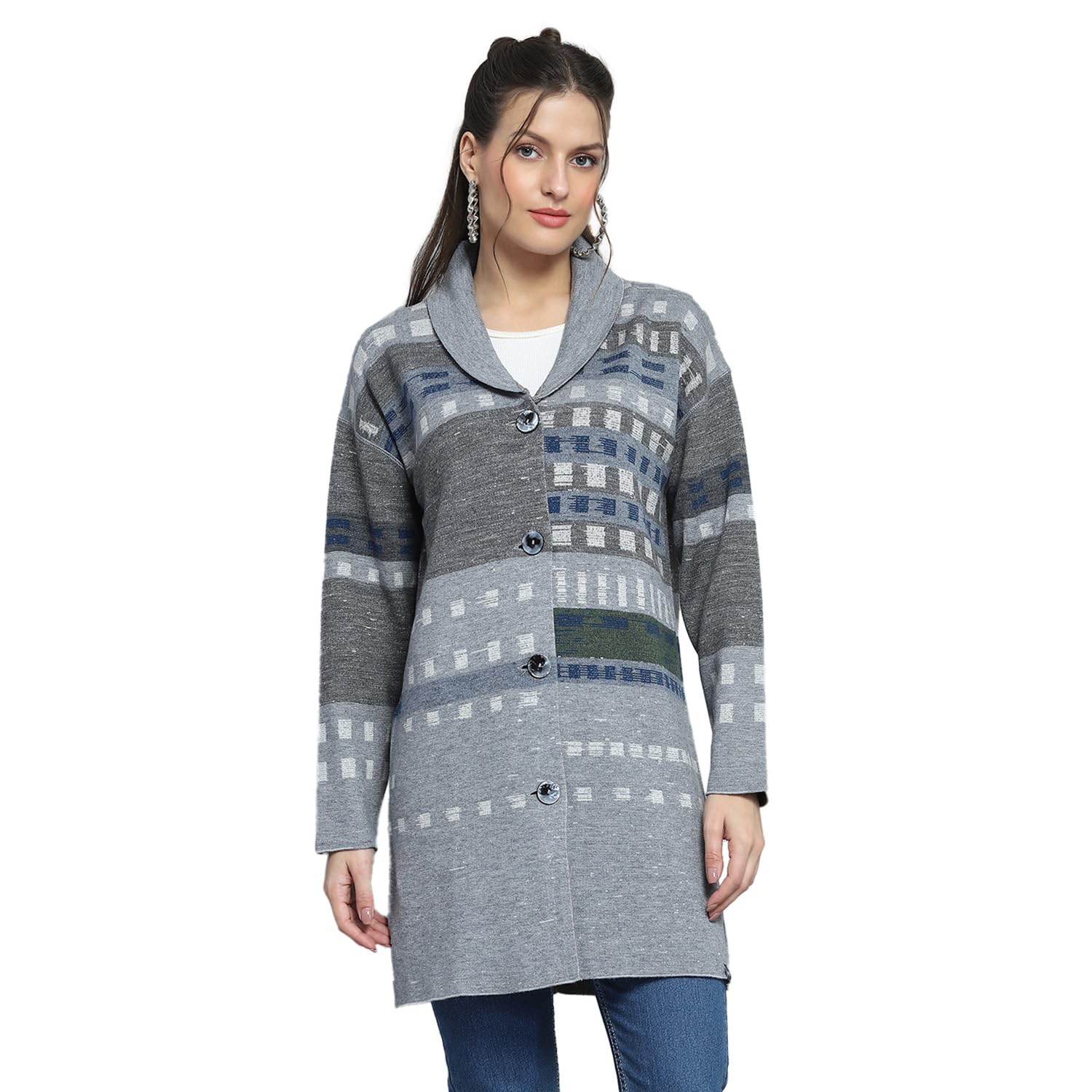 Womens Self Design Grey Collar Neck Full Sleeve Cardigan_1243691CC-1