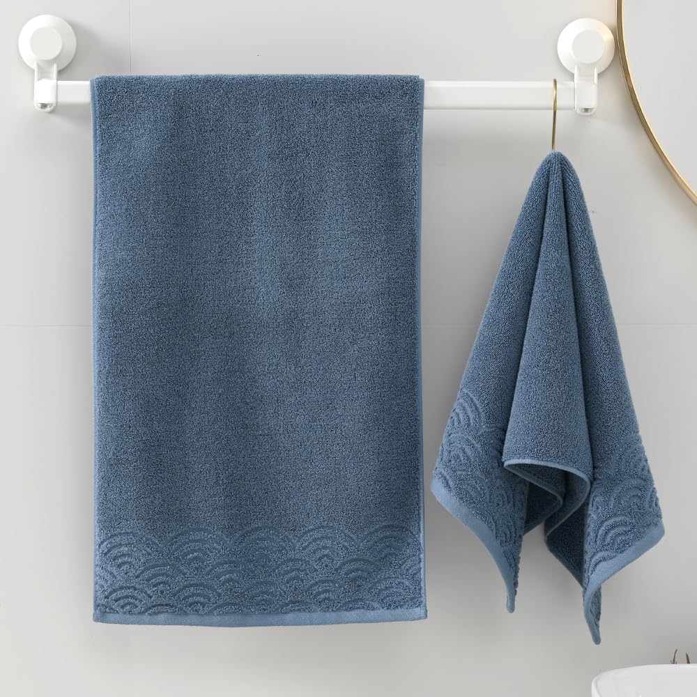 Blue Rippled Textured Edge Hand Towel Set of 2 Decorative Hand Towel for Bathroom Ultra Soft 100% Cotton Absorbent for Home Kitchen 13" X 29" - Image 4