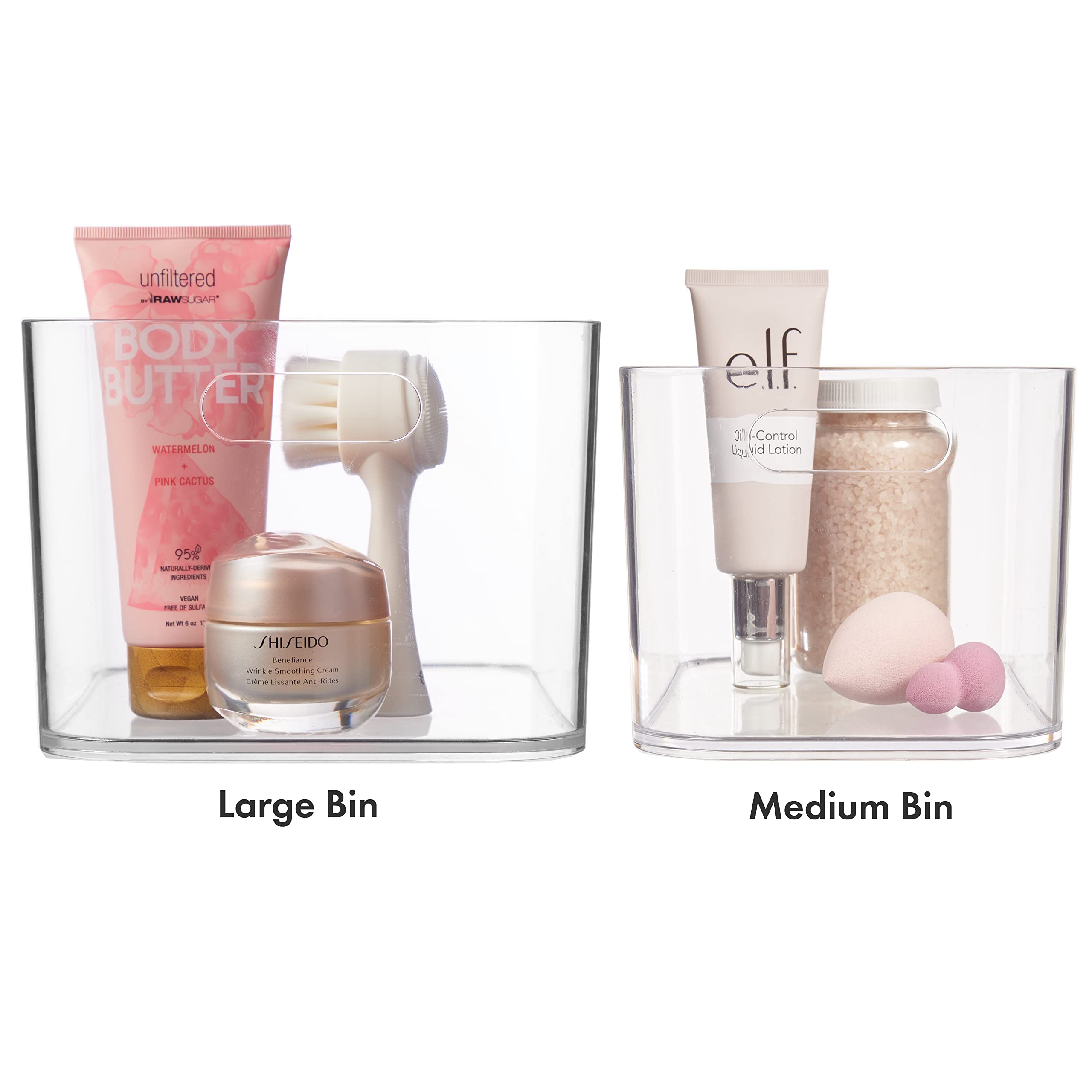 STORi Bliss Open Compartment Clear Plastic Organizer Set of 2 | 12x8 and 10x6 | Rectangular Makeup & Vanity Storage Bins & Pantry Caddies with Pass-Through Handles | Round Corners | Made in USA
