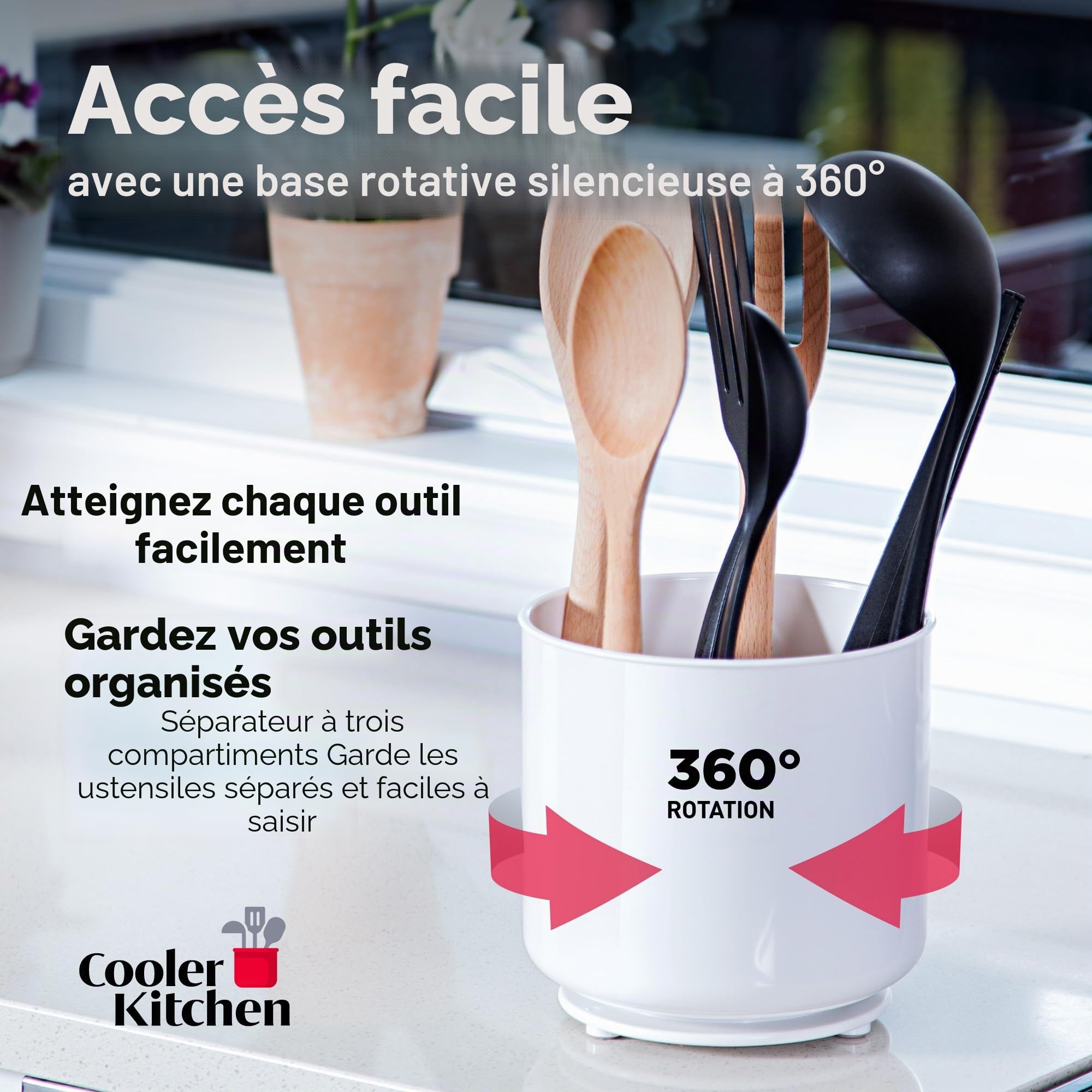 Porte-ustensiles rotatif blanc extra large et robuste avec base lestée sans basculement, séparateur amovible et insert agrippé | Antirouille et passe au lave-vaisselle Support d'ustensiles de cuisine
