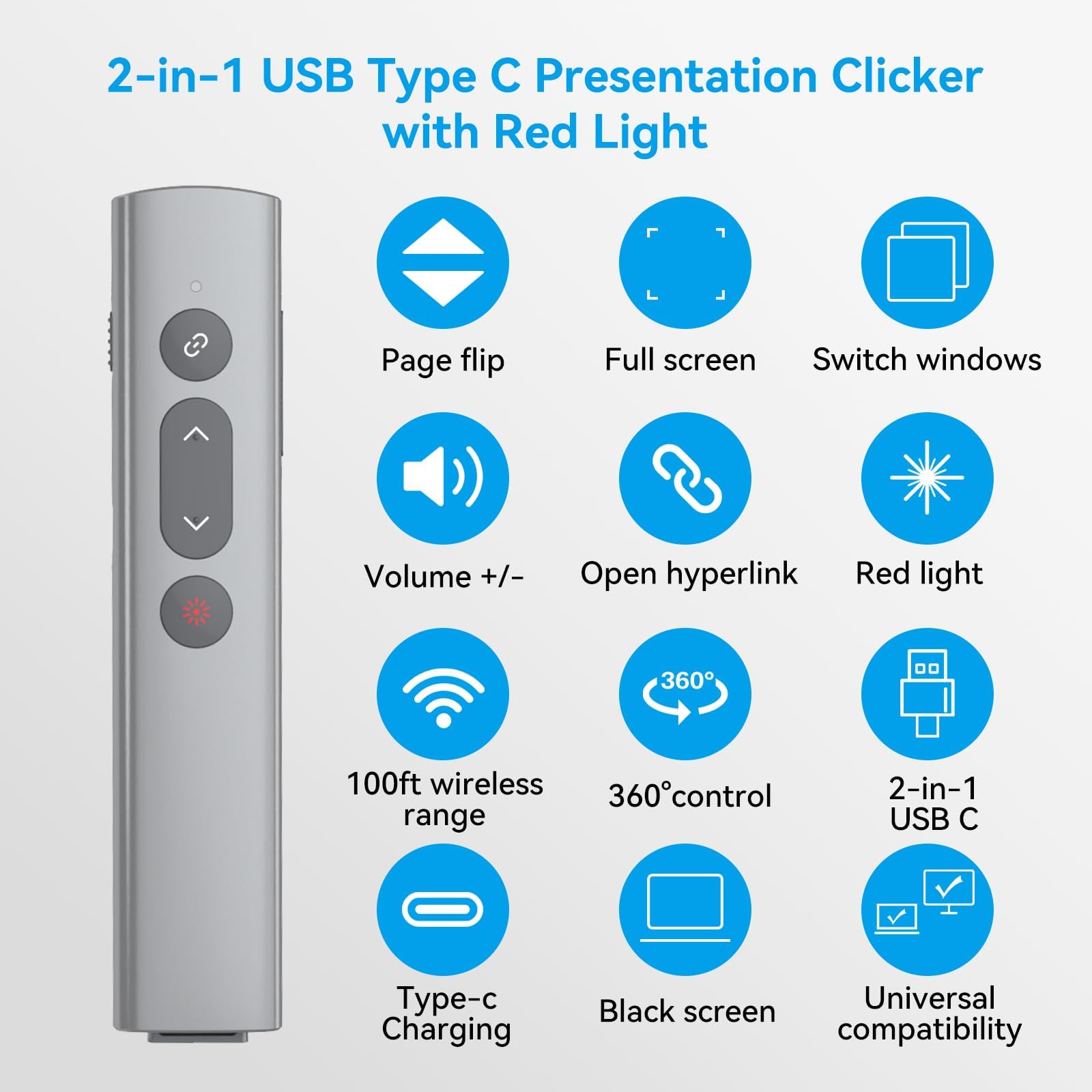 [Alluminio+Ricaricabile] Puntatore Presenter Wireless per Presentazioni Powerpoint, USB C Telecomando PPT Clicker Penna Presentazione per Slide su Computer,per Insegnamento, Ufficio, Conferenze