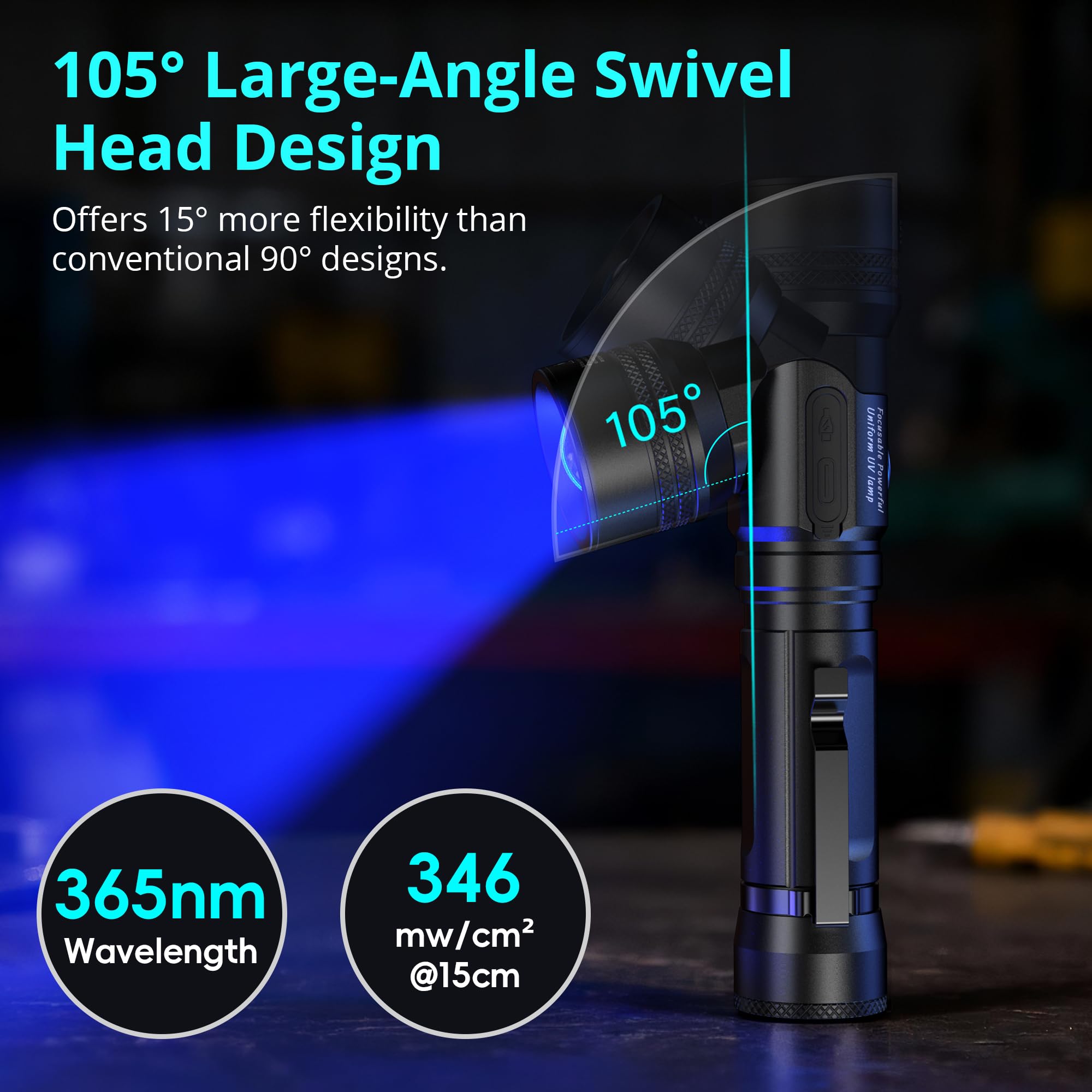 Luz negra de 365 nm, linterna UV recargable, cabeza ajustable de 105° y zoom, cola magnética, potente luz negra para fugas de NDT, seguimiento de sangre, orina de mascotas, vidrio de uranio, escorpión