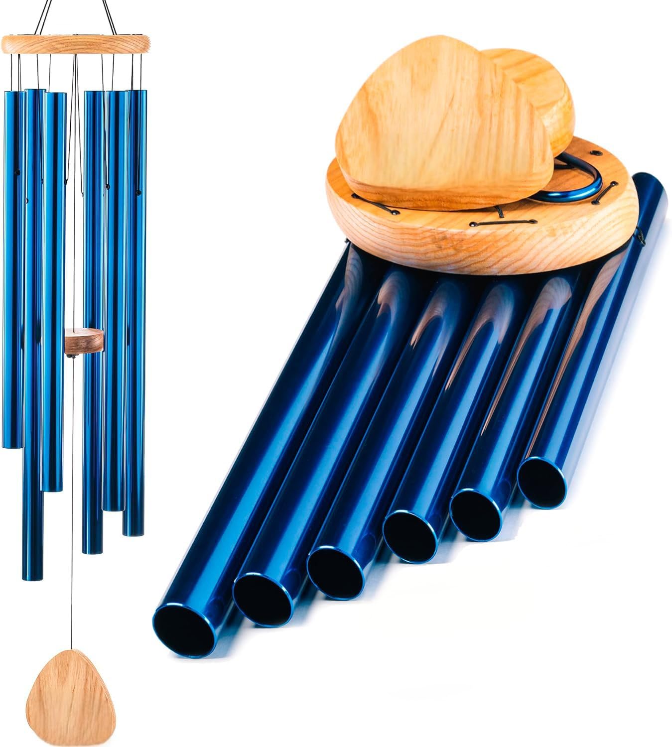 Carillon à vent en aluminium de 125 cm - 6 tubes en métal - Carillon sonore pour extérieur, jardin, terrasse - Décoration avec attrape-vent - Classique - Bleu