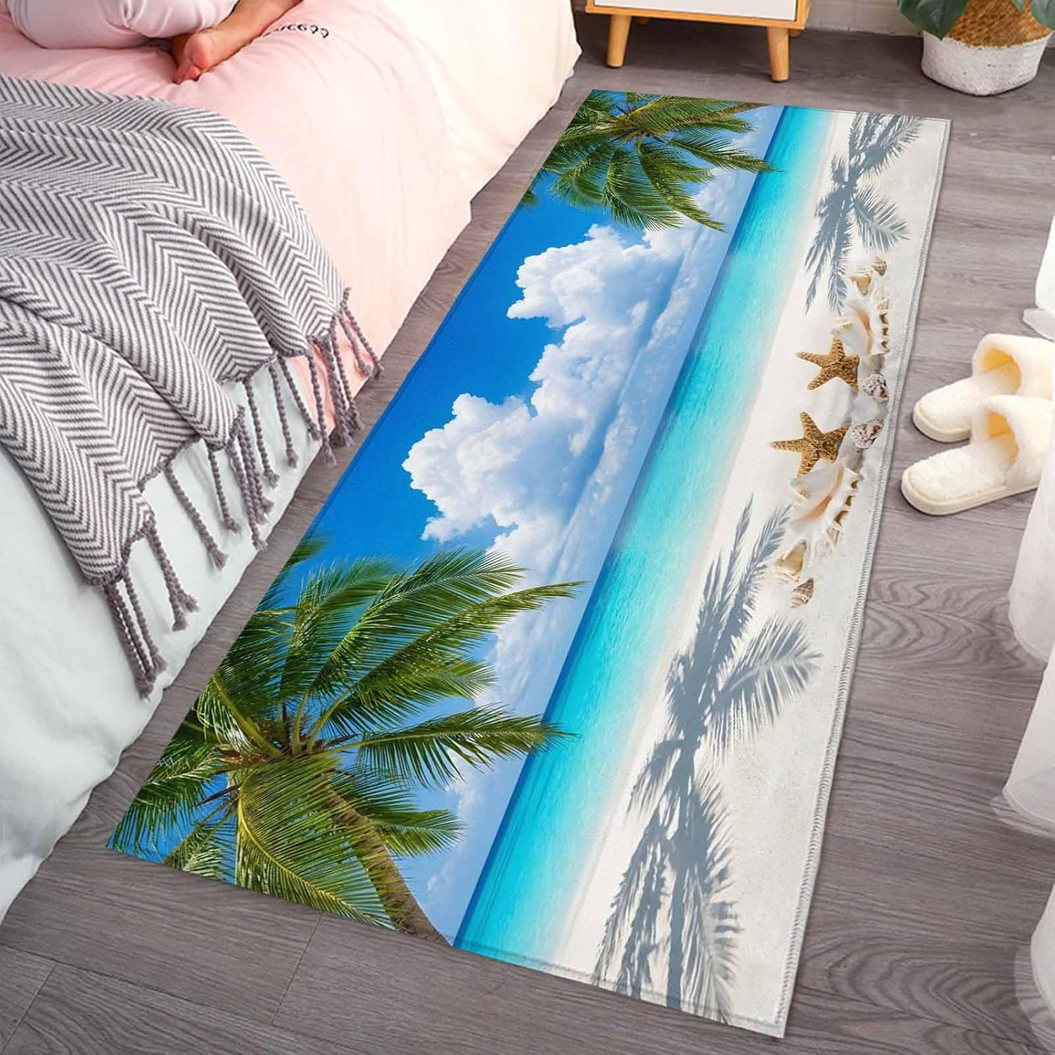 Kitchen Mats for Floor Beach Palm Trees Teal Ocean Washable Non Slip Kitchen Rugs 1PCS, Coastal Starfish Shells Absorbent Standing Mats for Sink Bathroom Office Living Room 15.7x47.2in