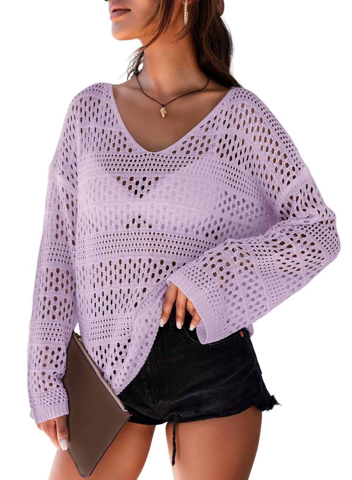 DokotooWomen's Summer Crochet Hollow Out Blouse Shirts Casual Long Sleeve Beach Bikini Swimsuit Mesh Cover Up Tops