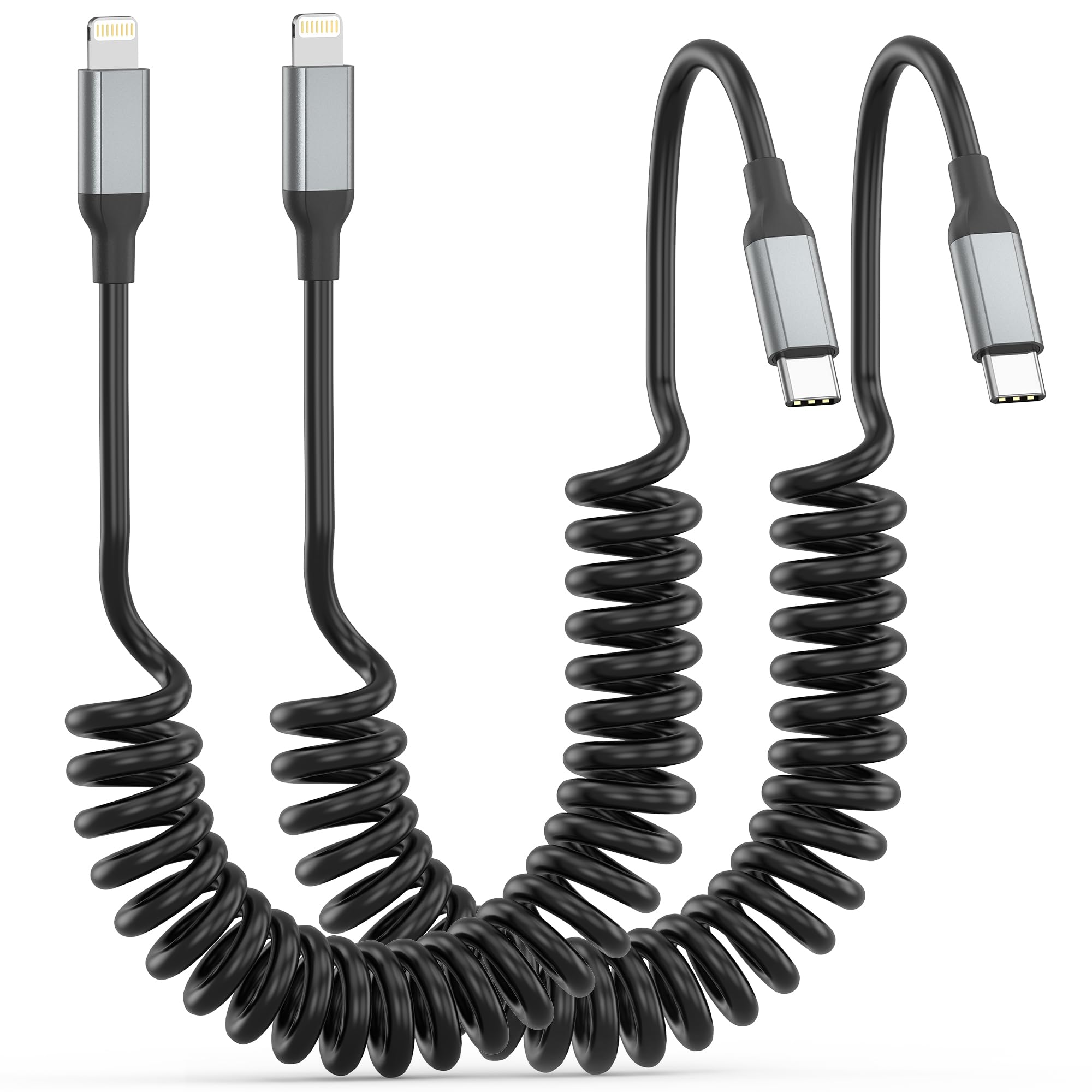 Coiled USB C to Lightning Cable 2 Pack, [MFi Certified] Retractable USB C iPhone Charger PD Fast Charging for Car, Short Type C to Apple CarPlay Cord for iPhone 14 13 12 11 Pro Max XR XS 8 SE iPad