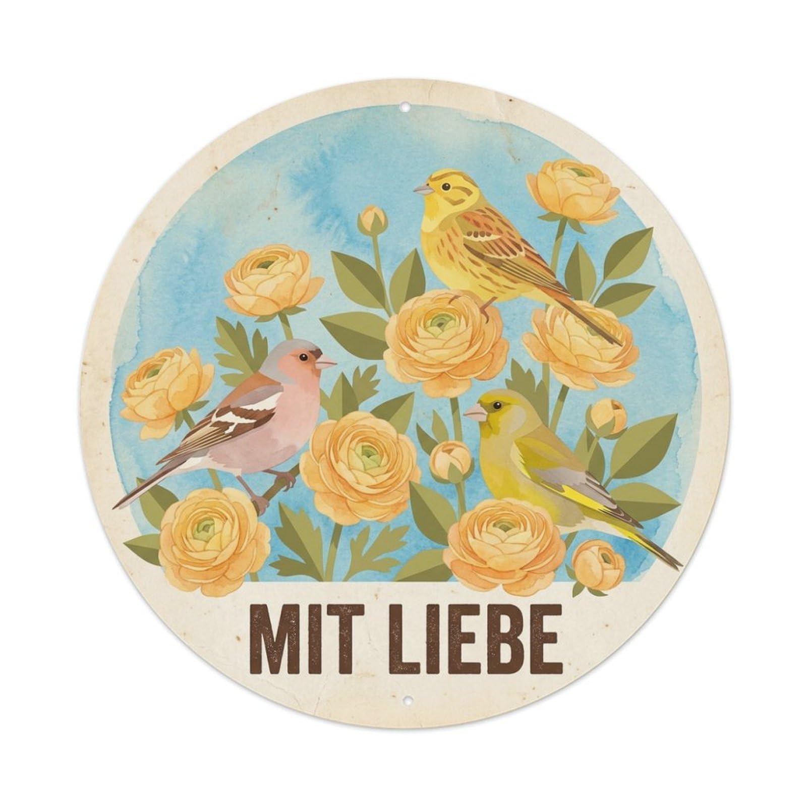Ranunculus Mit Liebe Soft Watercolor Bird Slogan Metal Tin Sign