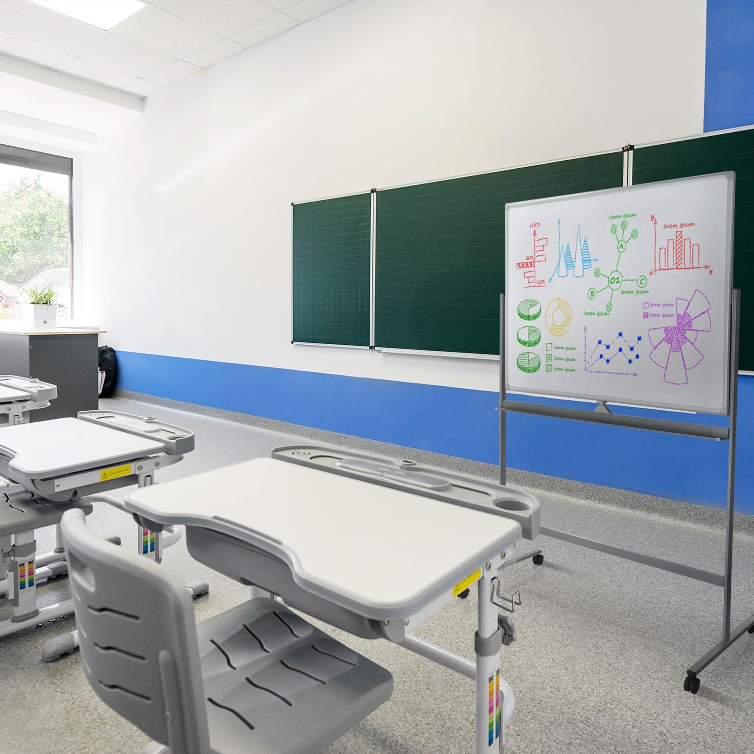 hjh OFFICE 830036 tablica suchościeralna, 90 x 120 cm, mobilna tablica z rolkami, możliwość zapisywania po obu stronach, magnetyczna i zmywalna