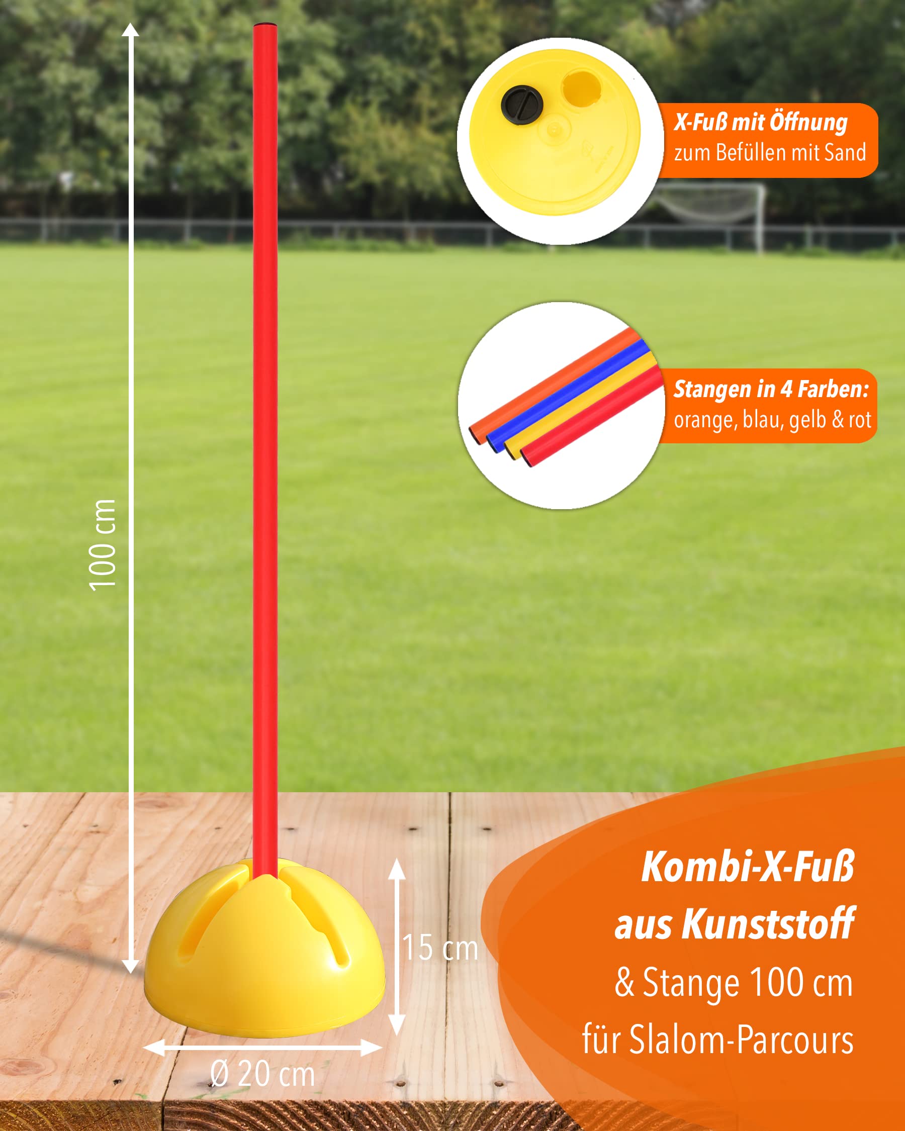 Kombi-X-Standfuß aus Kunststoff & Slalomstange 100 cm – 4er Set – befüllbarer Standfuß – Stange für Slalom & Koordinationstraining – für Fußball & Hundesport – Kreuzfuß