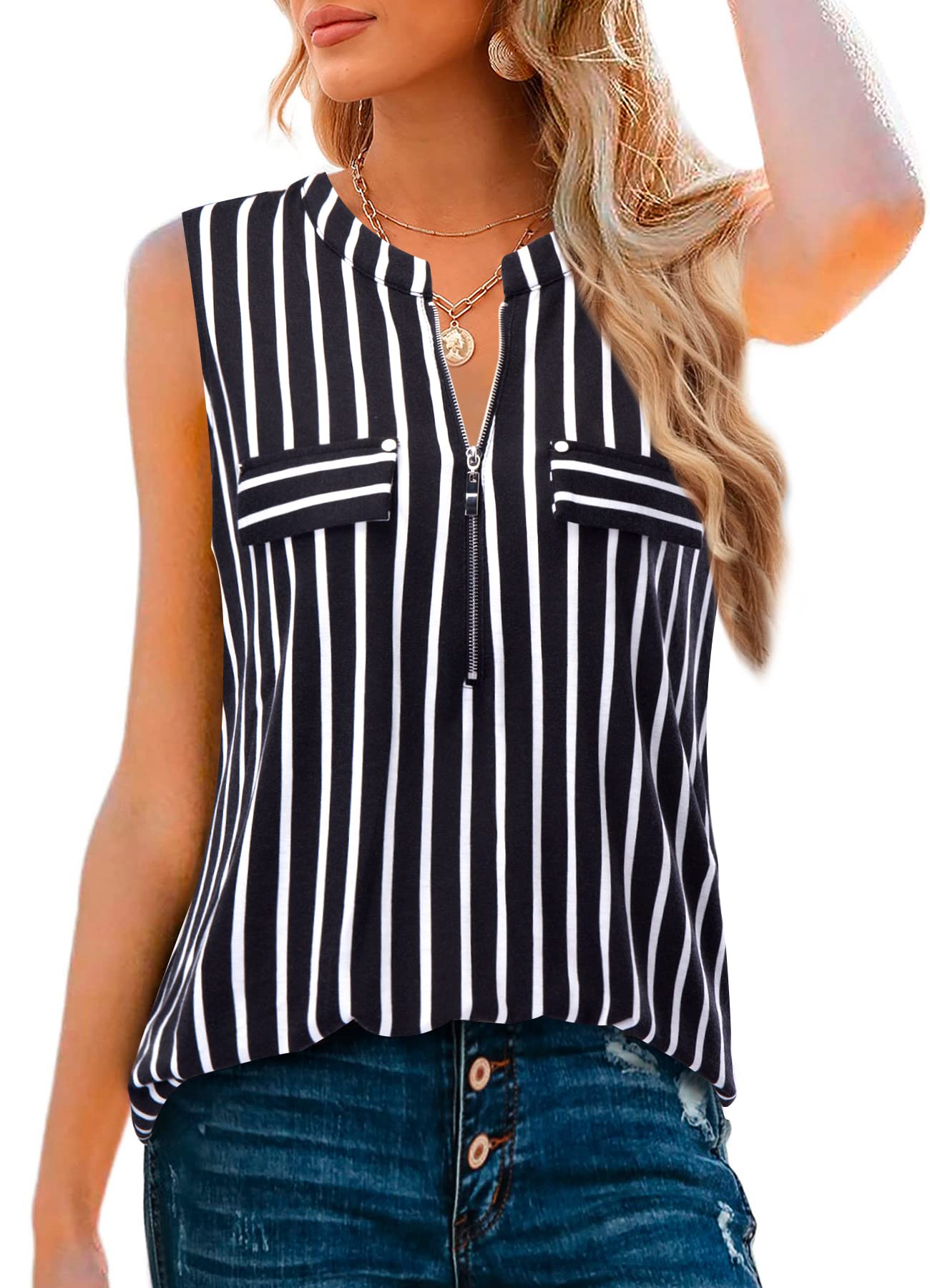 Amrto Damen V-Ausschnitt Shirts Kurzarm Casual T-Shirt Bluse mit Reißverschluss Sommer Tunika Tops Oberteil Locker Lässig