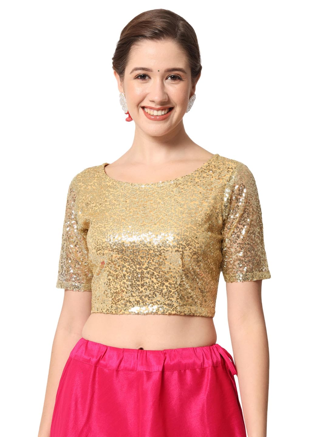 studio rasa Women's Net Sequin Embroidered Sheer Sleeves Crop Top for Wedding Party Festives