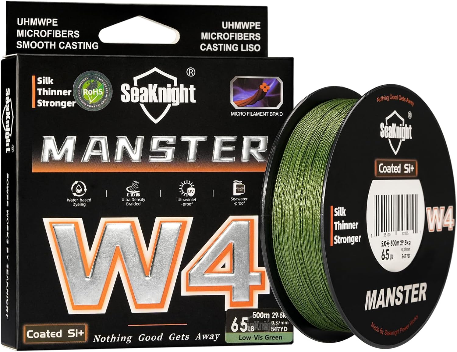 Seaknight W4 4 Strands Braided Lines 300M/500M Super Smooth PE Multifilament Line Carp Fishing Lines Double Coating UV-Proof Saltwater-Proof Fishing Line for Saltwater Sea Fishing 15-100LB