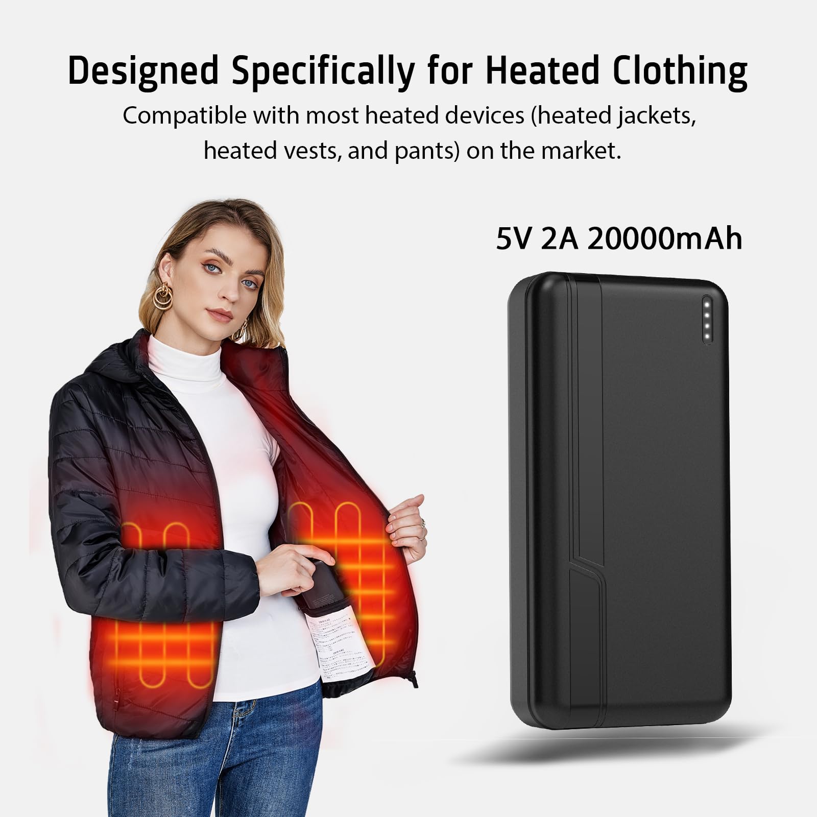 20000 mAh Rechargeable 5V 2A Battery Pack for Heated Vests Jackets Power Bank for Heating Electric Vest Coat Hoodies Battery Pack for Man Women Heated Clothing(Not Suit for 7.4V Heated Clothing)