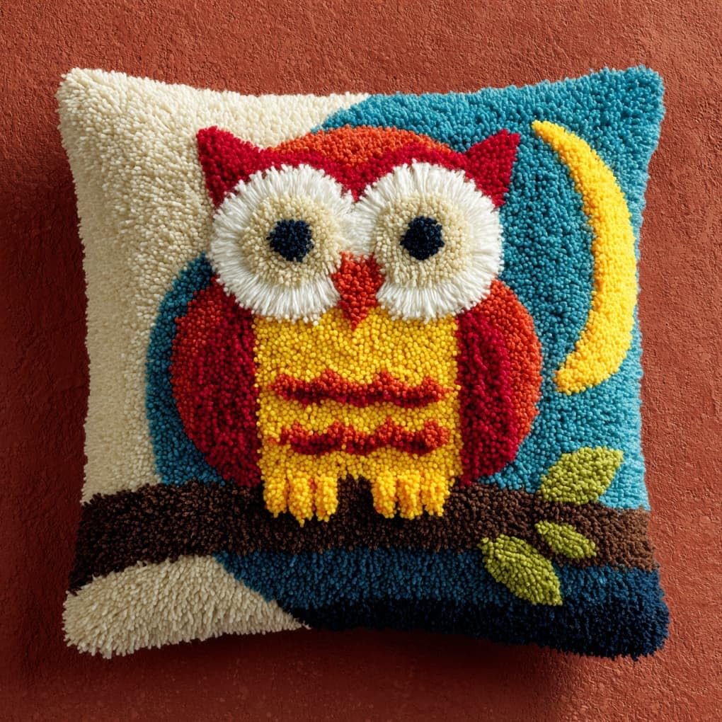 Henypt 43x43cm Latch Hook Rug Kit,Owl on the Moon Beginner DIY Crochet Craft Set,Soft Yarn Cushion Kit for Living Room Sofa Decoration
