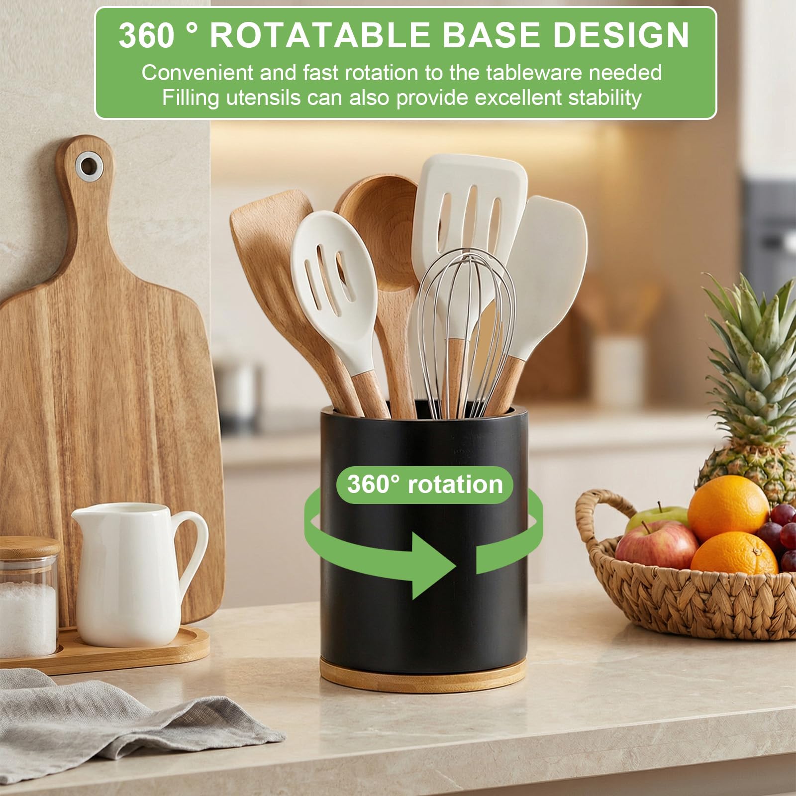 Portautensili da Cucina in Bambù Girevole 360°, Nero, 18.5×15.5×15.5cm, Impermeabile, Portautensili per Utensili da Cucina con Spazio 10-15 Utensili per Bancone da Cucina.