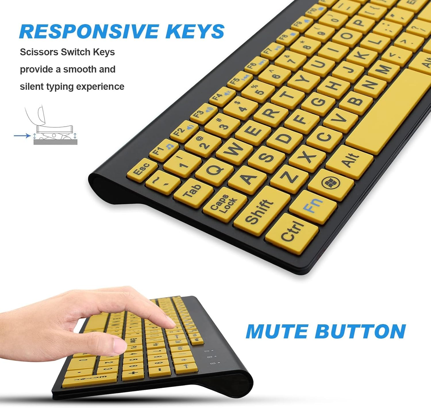 Kabellose Tastatur und Maus mit großen Buchstaben (Italienisch-Layout)| Leise | für Senioren und Menschen mit Sehproblemen und Sehstörungen-Gelb