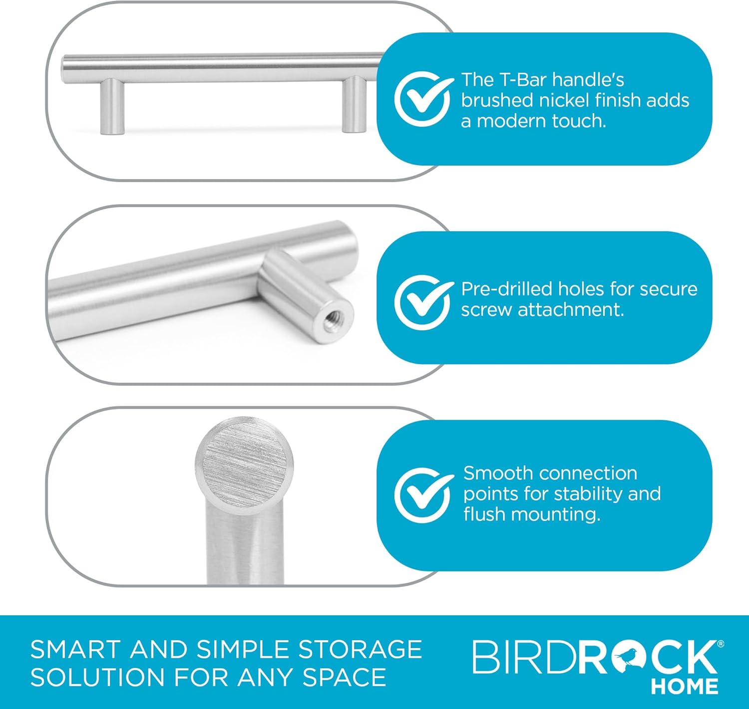 BIRDROCK HOME Simple Modern Rounded T-Bar Handle | Brushed Nickel | 25 Pack | 3.75 Inch Kitchen Cupboard Furniture Cabinet Hardware Drawer Pull Trad