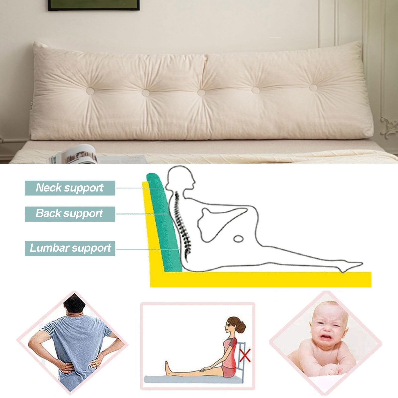 Cuscino schienale letto singolo matrimoniale, cuscino per testiera a cuneo triangolare, velluto a coste di alta qualità cuscini per lettura, supporto lombare, fodera Rimovibile(120x40x12cm,Beige)