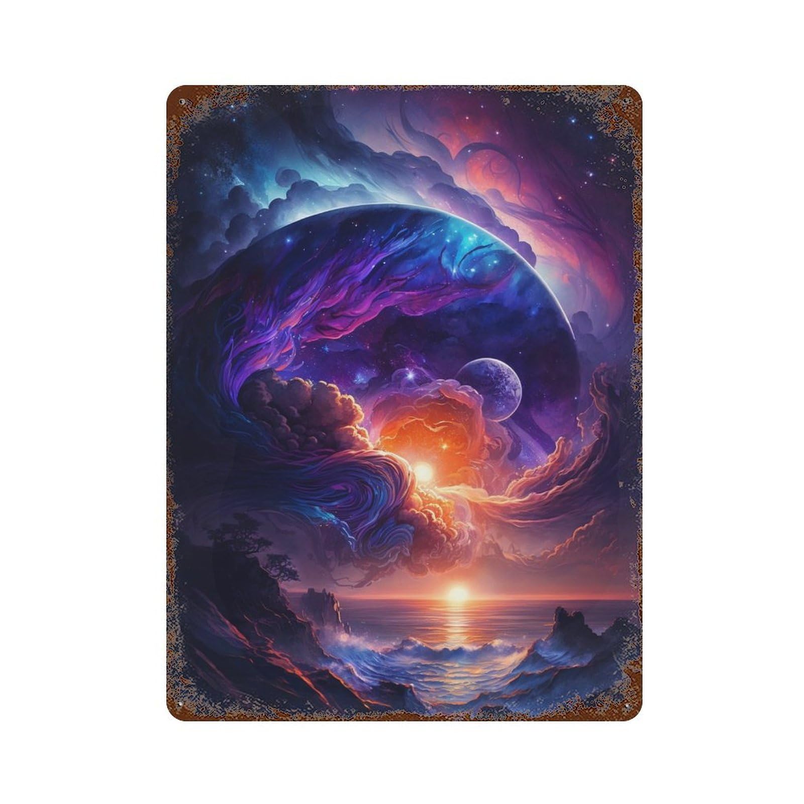 Cosmic Sunset Ocean-1 Decorative Tin Sign 15.7"x11.8", Vintage Wall Decor for Garage, Pub Or Kitchen