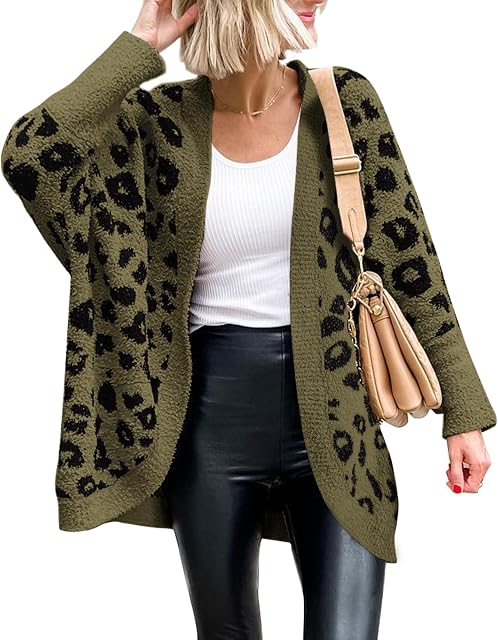 BTFBM Cardigan pour les femmes Leopard manches longues ouvertes Cardigans avant Pantoufles Poches enroulées 2026 Étoffes de printemps