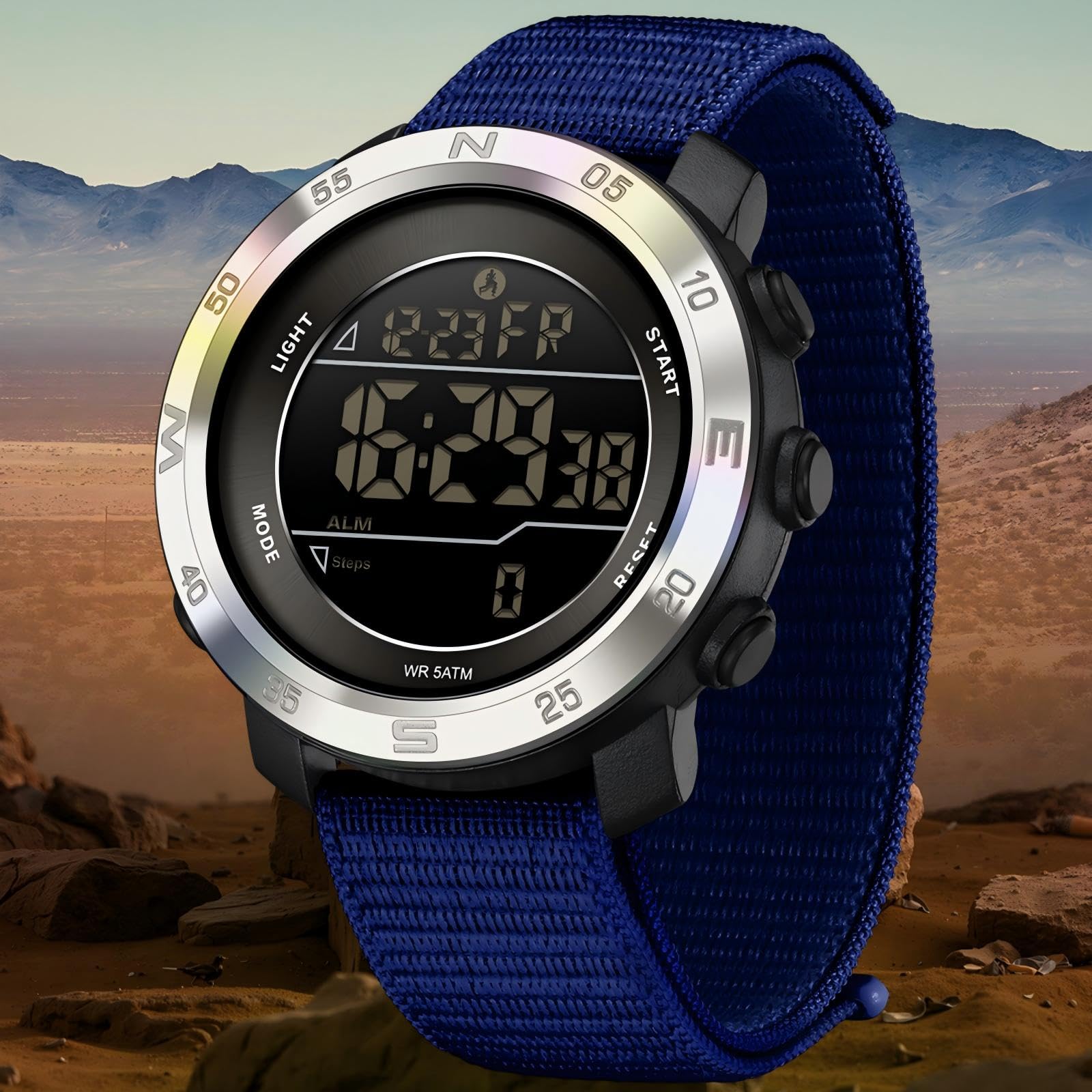 Montre avec compteur de pas, pas besoin de téléphone, podomètre, montre numérique pour homme et femme, avec calories, distance, alarme, compte à rebours, bracelet en nylon
