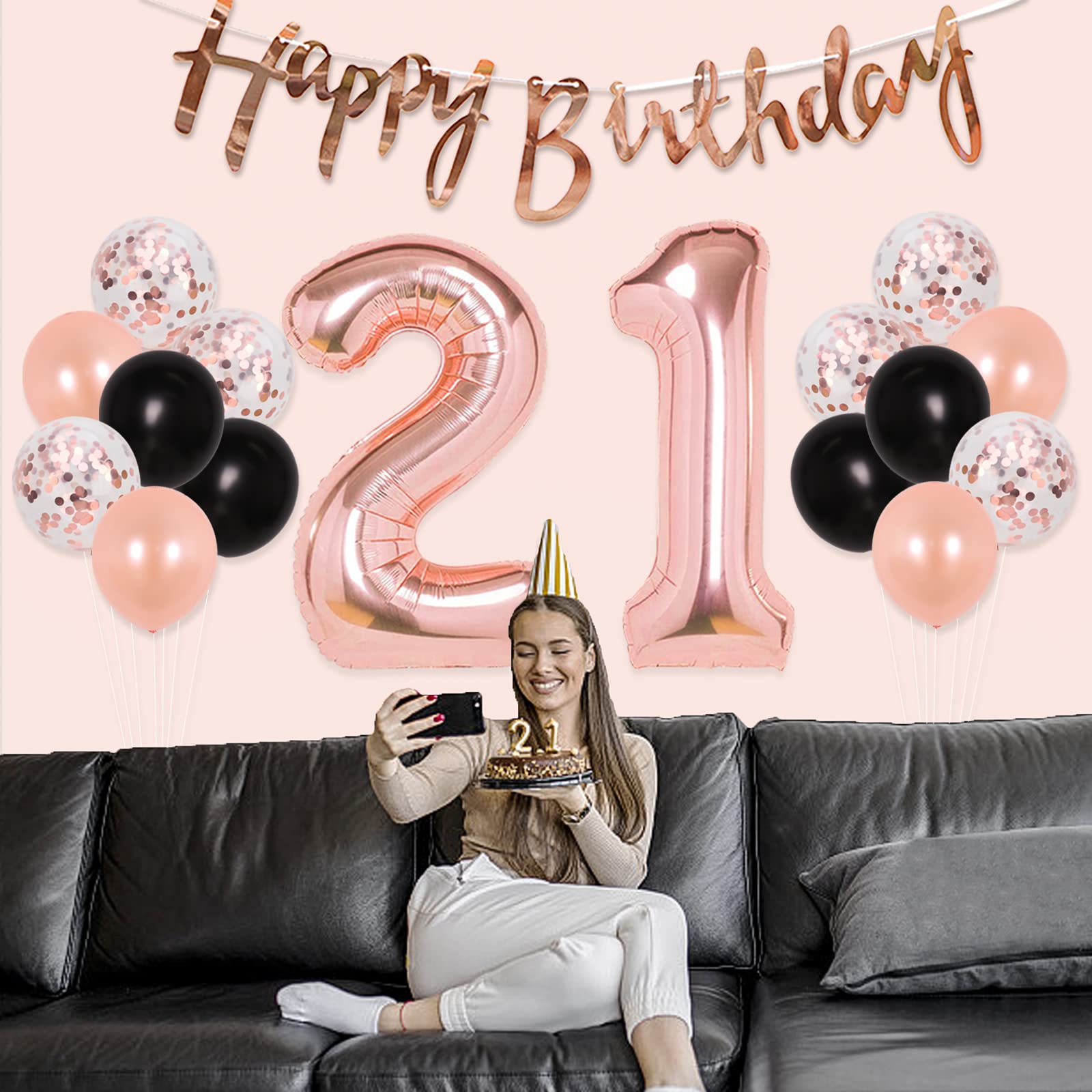 Amazon.com: 21st Birthday Decorations for Her Rose Gold and Black Balloon  Garland Kit 21st Birthday Decorations for Women Girls Rose Gold Number 21,  Confetti Balloon : Home & Kitchen