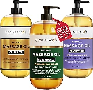 Cosmetasa Massage Oil Set of 3 - Sore Muscle Massage Oil with Arnica Oil & Peppermint, Cellulite Massage Oil and Lavender Massage Oil - Body Massage Oil for Massage Therapy - Relaxing Gua Sha Body Oil