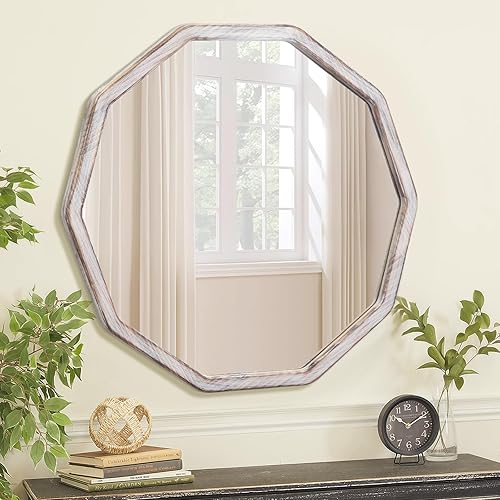 Miniatura 9 de ULIKE Espejo redondo de madera de 24 pulgadas, espejo de pared circular asimétrico con marco de madera, espejo decorativo para montar en la pared Un