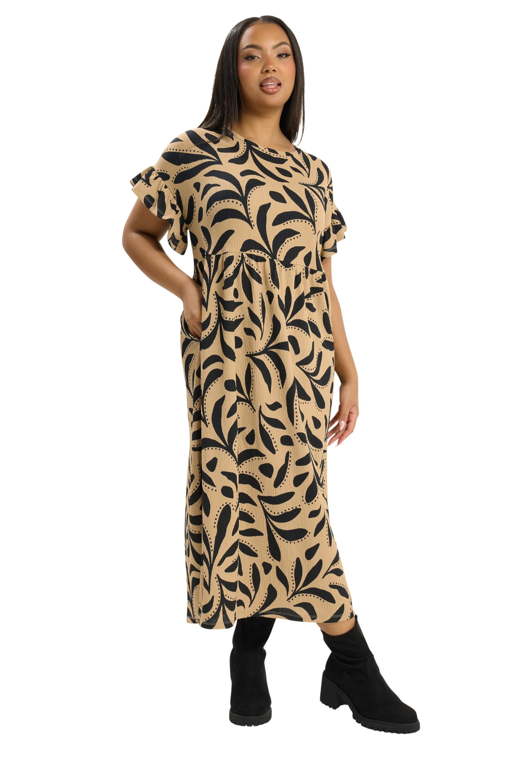 Yours Women's Abstract Frill Sleeve Maxi Dress in Tan | Size: 26-28
