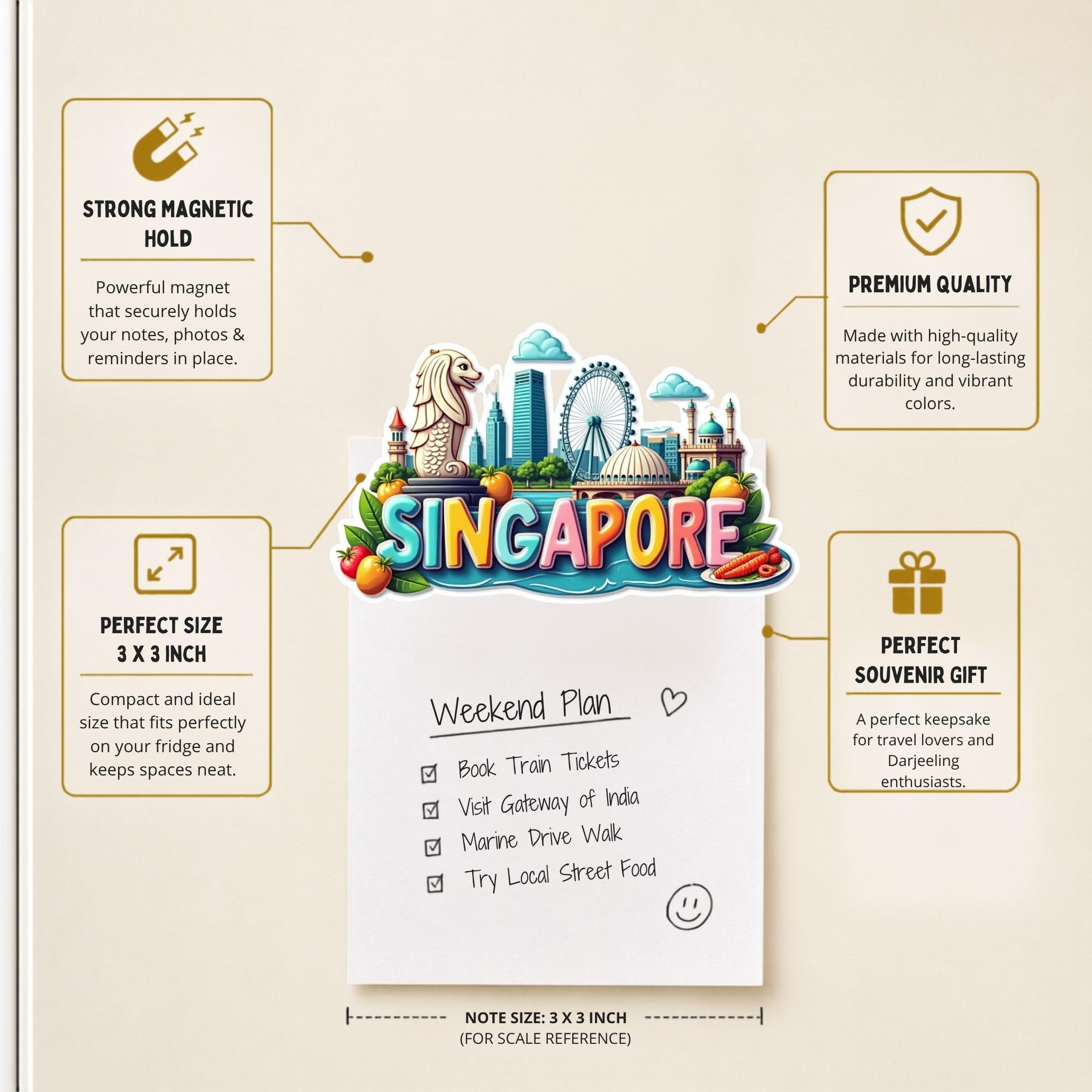 Giftoday Singapore Country Theme Souvenir Wooden Fridge Magnet for Refrigerator - Singapore Printed Magnet for Office, Kitchen and Home Decor | Perfect Souvenir Gift | Pack of 1 | Size 3x3 Inchs 1