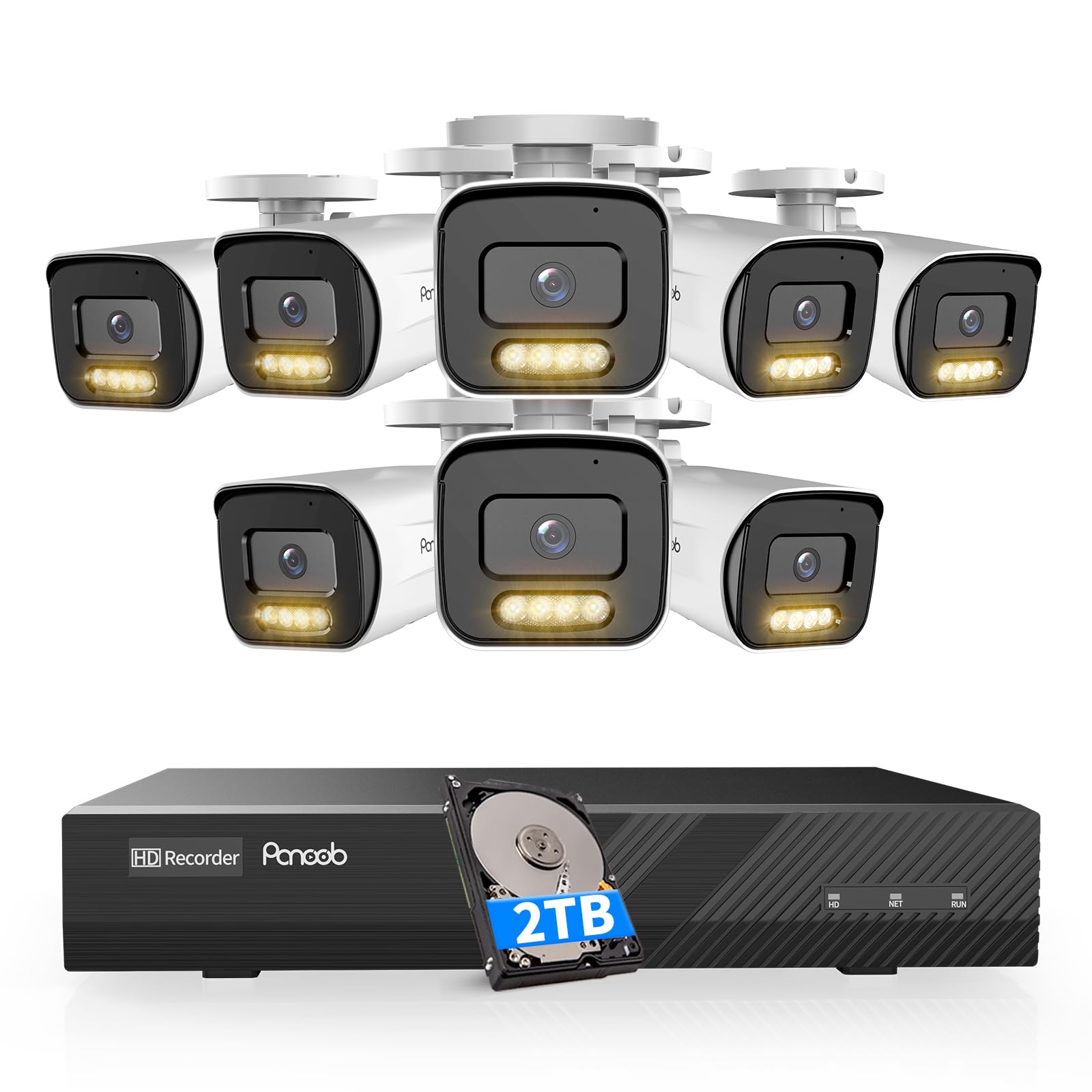 PANOOB 8 Channel Security Camera System, 8PCS 5MP IP Bullet PoE Camera with 2 Way Audio, Smart Dual Lights Color Night Vision, AI Human Detection, Remote Access, 4K 8CH NVR 2TB HDD, PB65A0808-5MD
