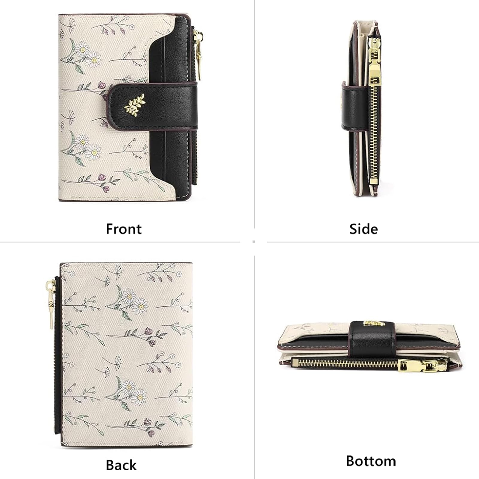 Carteras pequeñas para mujer, de cuero, plegable, con cremallera, con bolsillo para tarjetas de crédito, monedero con ventana de identificación, A04 Flor Negra, Classic